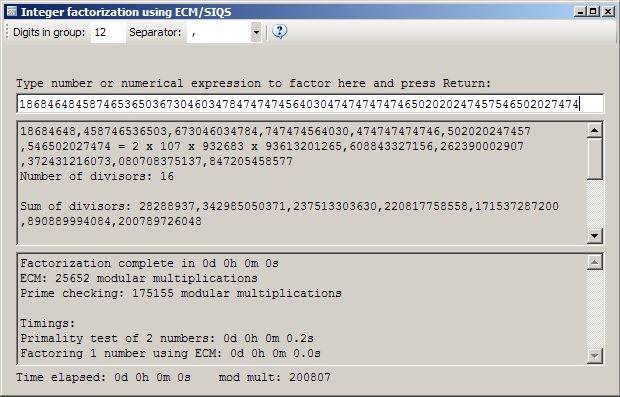 Ecm factorization: screenshot